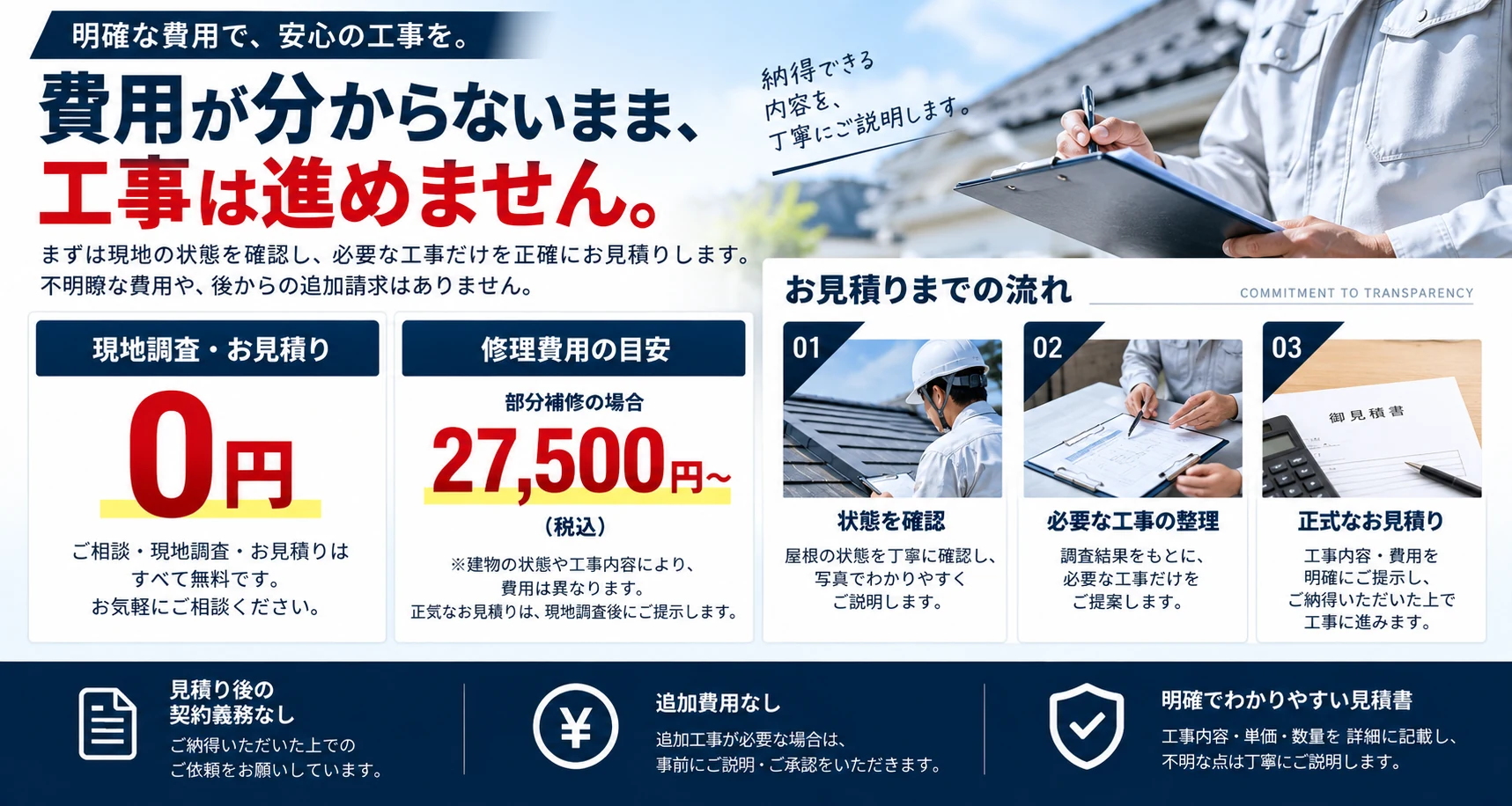 現地調査・見積り0円。部分補修27,500円〜。状態確認、必要工事の整理、正式見積りの順に費用を明確化