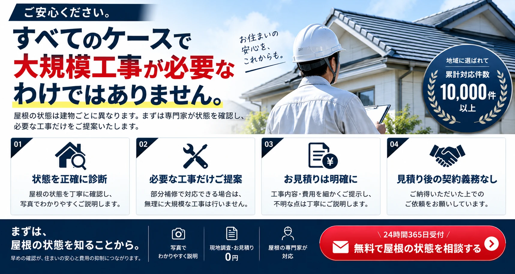 状態確認のうえ、必要な工事だけを提案し、明確な見積り後に判断できる安心の流れ